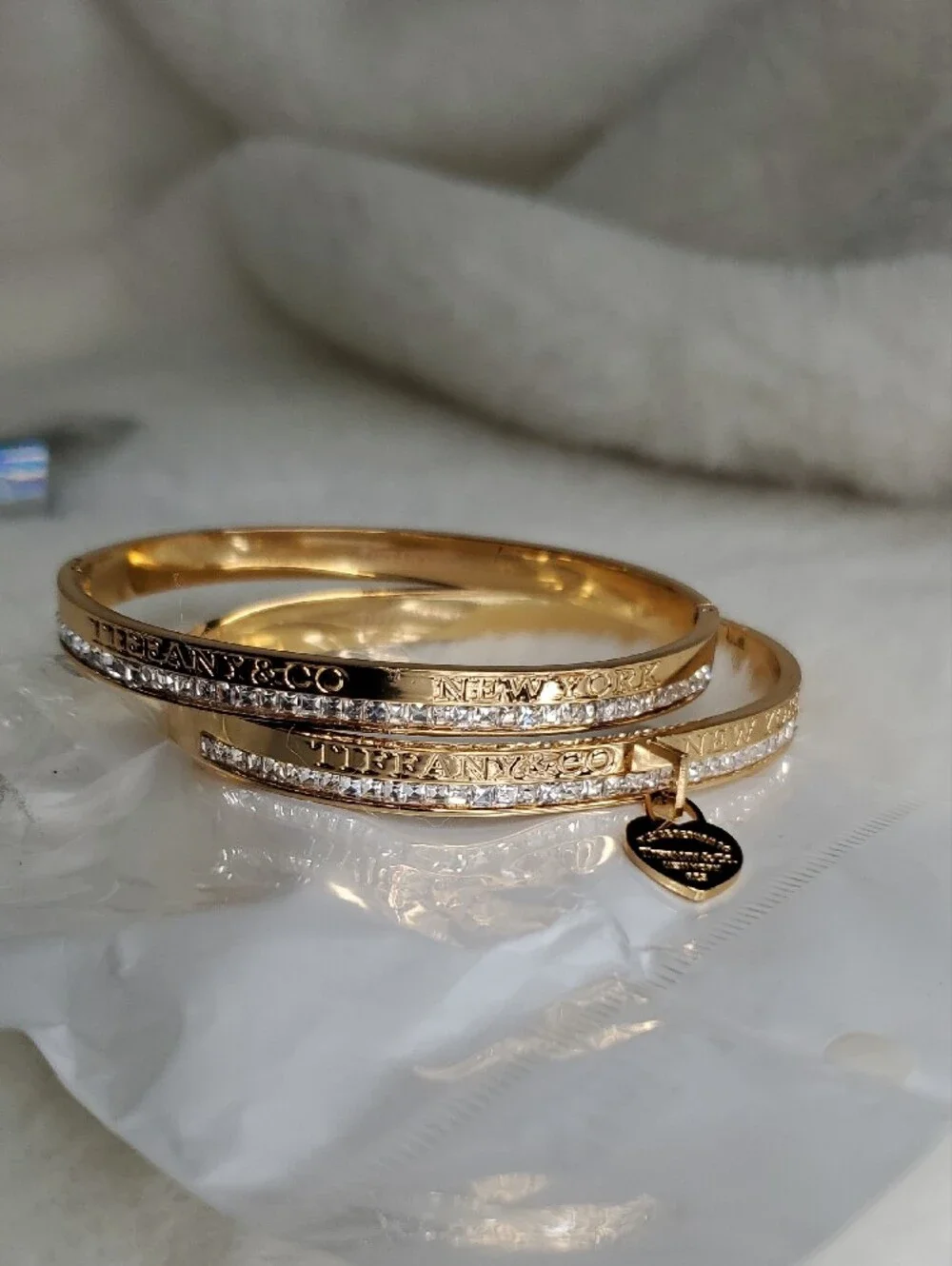 Fashion Jewelry Tiff  Gold-Tone Crystal Bangle Bracelets with Heart Charm